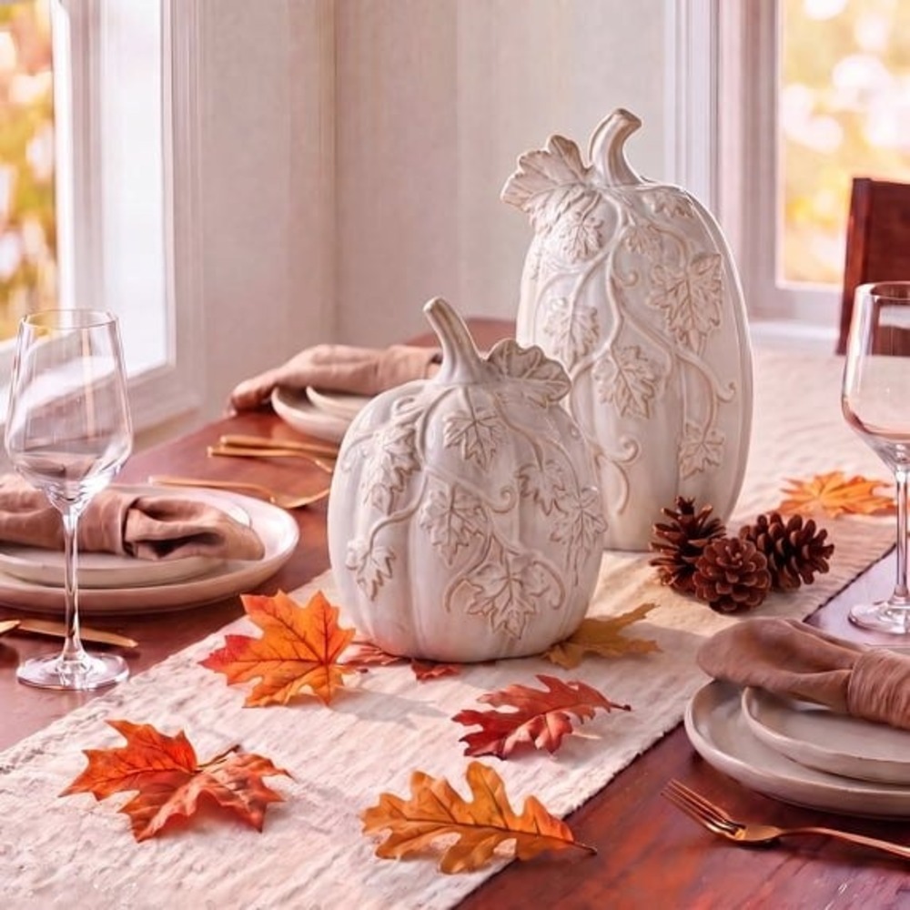 My Texas House Set Small & Tall White Ceramic Pumpkin with Vine Accents, 2pc